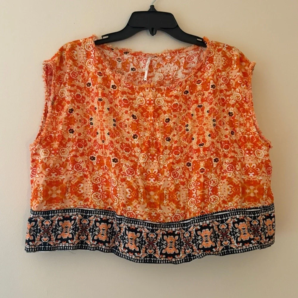 Free People Orange Floral Linen Blend Cropped Blouse Top Medium